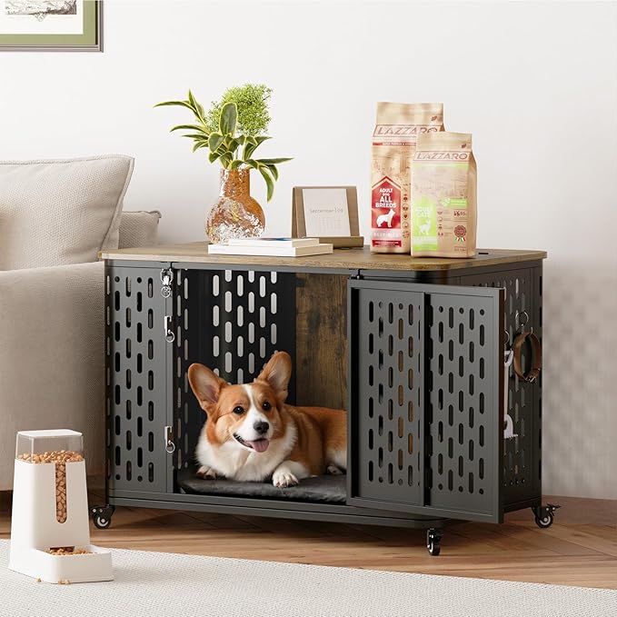 Dog Crate with Cushion, 38" Wood Heavy Duty Dog Crate Furniture with Flip Top &amp; Wheels for High Anxiety Dogs, Escape Proof Pet Cage for Small/Medium Dogs