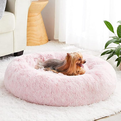 WNPETHOME Calming Dog Bed &amp; Cat Bed Donut, Faux Fur Self-Warming Donut Cuddler, Comfortable Round Plush Pet Beds (27 x 27 x 8 Inch, Light Pink)