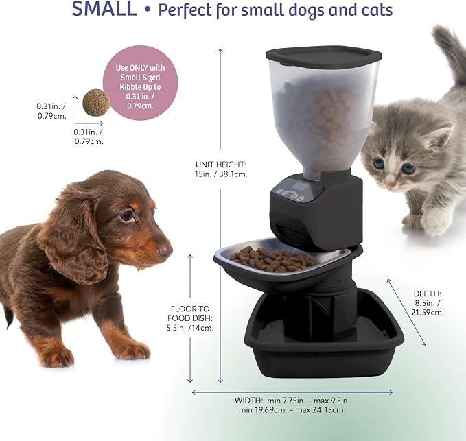 Automatic Dog &amp; Cat Food Feeder with Water Dispenser – Smart Pet Feeder with Portion Control, OLED Display, Anti Jam Design, Battery Operated Dispenser for Small Pets - Black
