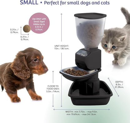 Automatic Dog &amp; Cat Food Feeder with Water Dispenser – Smart Pet Feeder with Portion Control, OLED Display, Anti Jam Design, Battery Operated Dispenser for Small Pets - Black