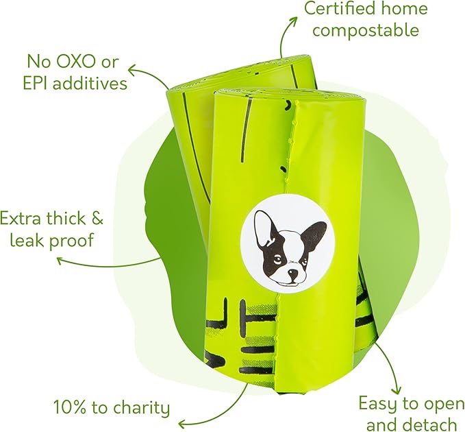 100% Certified Home Compostable Dog Poop Bags with Handles - 10% to Charity - ASTM D6400 &amp; EN 13432 Compliant - 240 x Plant Based X Large Compostable Poop Bags (20 Rolls)