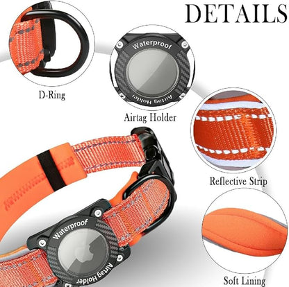 Upgraded AirTag Dog Collar, IP68 Waterproof Dog Collar with Apple Air Tag Holder, Reflective Adjustable Heavy Duty Dog Collars with Soft Padded for Small, Medium and Large Dogs,Orange, S