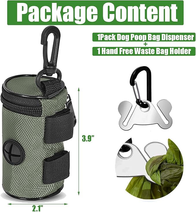Dog Poop Bag Holder for Leash Attachment - Waste Bag Dispenser for Leash - Fits Any Dog Leash - Portable Set with Hand Free Holder Metal Carrier, Round Shape, Grey