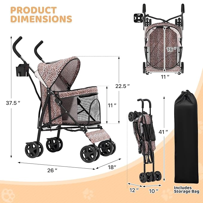 Magshion Compact Pet Stroller for Small-Medium Dogs/Cats up to 22lbs, 4-Wheel Lightweight Umbrella Shaped Portable Puppy Travel Jogger with Breathable Mesh, Cup Holder &amp; Rear Storage, Leopard Print