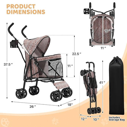 Magshion Compact Pet Stroller for Small-Medium Dogs/Cats up to 22lbs, 4-Wheel Lightweight Umbrella Shaped Portable Puppy Travel Jogger with Breathable Mesh, Cup Holder &amp; Rear Storage, Leopard Print