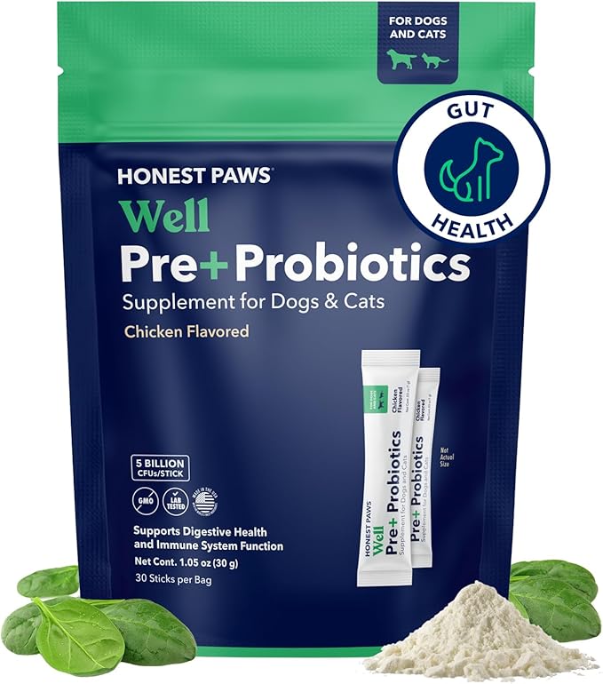 Honest Paws Probiotics for Dogs - Digestive &amp; Immune Support Powder with Prebiotic Made in The USA, Chicken Flavor (30 Sticks)