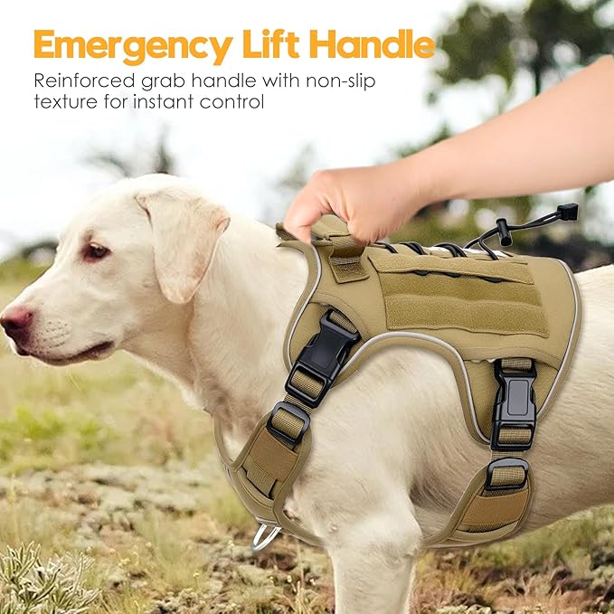 Heavy-Duty Tactical Dog Harness for Large Dogs, No Pull Adjustable Reflective Pet Vest with Molle System, K9 Military-Grade Control for Service Training, Outdoor &amp; 10+ Breeds, Khaki, X-Large