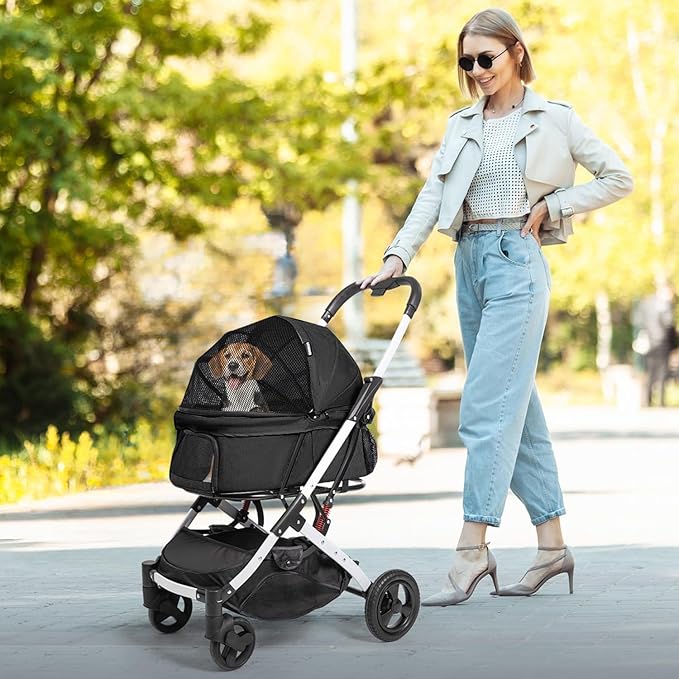 Pet Stroller for Medium Small Dog &amp; Cat, Foldable Lightweight Dog Stroller with Storage Basket Pet Travel Carriage with Safety Leashes, 4 Wheel, Black