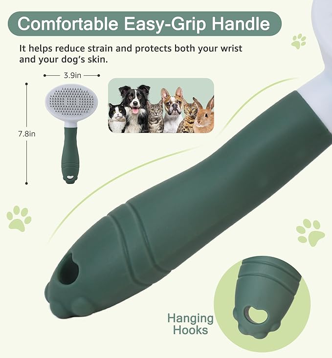 Pet Self-Cleaning Slicker Brush for Dogs &amp; Cats, Deshedding Grooming Comb, Removes Loose Undercoat Hair &amp; Mats, Skin-Friendly Massaging Tool for Long/Short Fur, Large &amp; Small Breeds (Green)