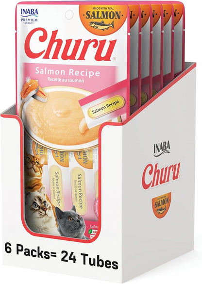INABA Salmon Churu Cat Treats, Lickable, Squeezable Creamy Purée Cat Treat with Green Tea Extract &amp; Taurine, 0.5 Ounces Each Tube, 24 Tubes (4 per Pack), Salmon Recipe