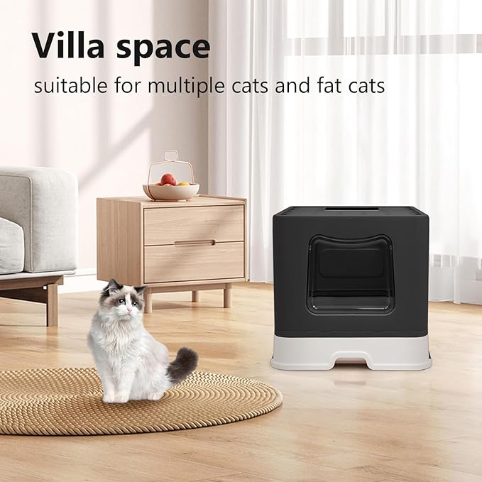 XL Foldable Cat Litter Box with Lid - Jumbo Enclosed Potty - Top Entry Anti-Splashing Toilet - Includes Scoop &amp; 2-in-1 Cleaning Brush (Black)