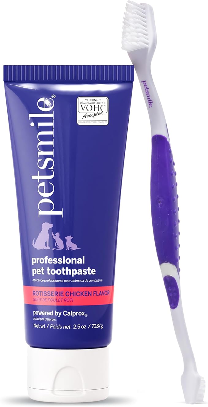 Petsmile Professional Pet Teeth Brushing Kit for Cats &amp; Dogs - Only VOHC Accepted Toothpaste &amp; Patented Toothbrush - Proven to Control Plaque &amp; Tartar Calprox Formula (Rotisserie Chicken, 2.5 Oz)