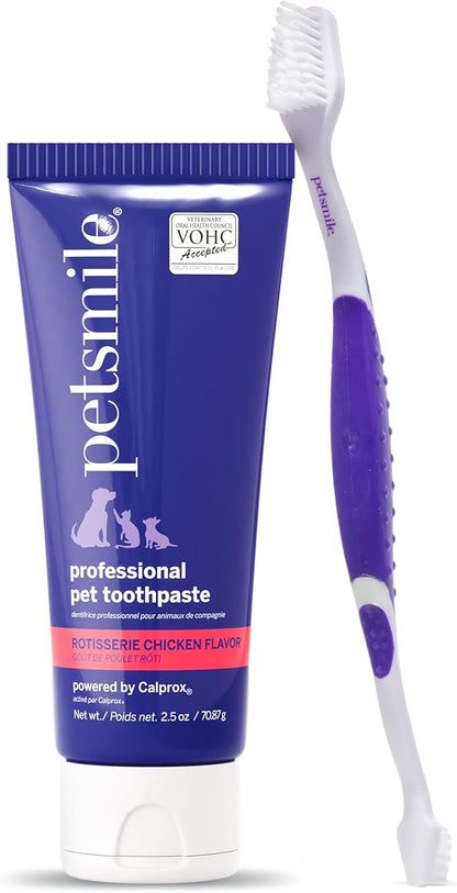 Petsmile Professional Pet Teeth Brushing Kit for Cats &amp; Dogs - Only VOHC Accepted Toothpaste &amp; Patented Toothbrush - Proven to Control Plaque &amp; Tartar Calprox Formula (Rotisserie Chicken, 2.5 Oz)