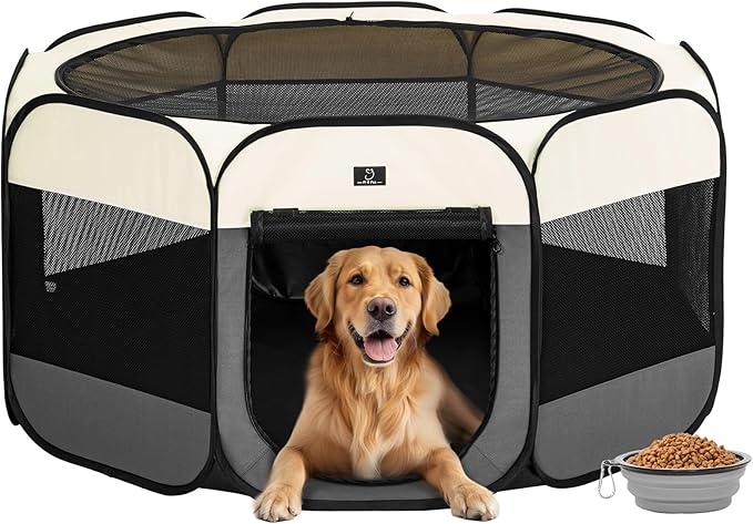 A4Pet Dog Playpen Indoor, 49” Portable Playpen with Bowl, Suitable for Puppies, Kittens, and Small Animals, Removable Zipper &amp; Mesh Panel(16”W × 10”H)
