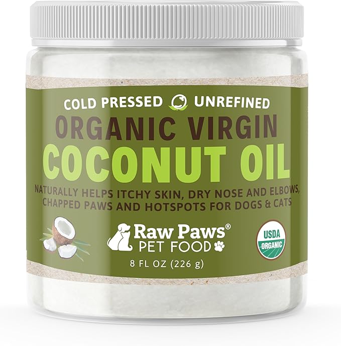 Raw Paws Virgin Organic Coconut Oil for Dogs &amp; Cats, 8-oz - Treatment for Itchy Skin, Dry Nose, Paws - Hot Spot Lotion for Dogs - Natural Hairball Remedy for Cats