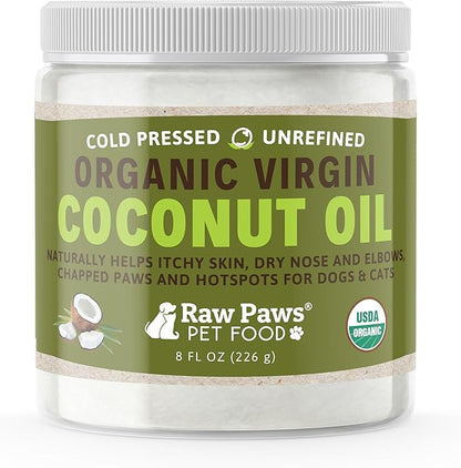 Raw Paws Virgin Organic Coconut Oil for Dogs &amp; Cats, 8-oz - Treatment for Itchy Skin, Dry Nose, Paws - Hot Spot Lotion for Dogs - Natural Hairball Remedy for Cats