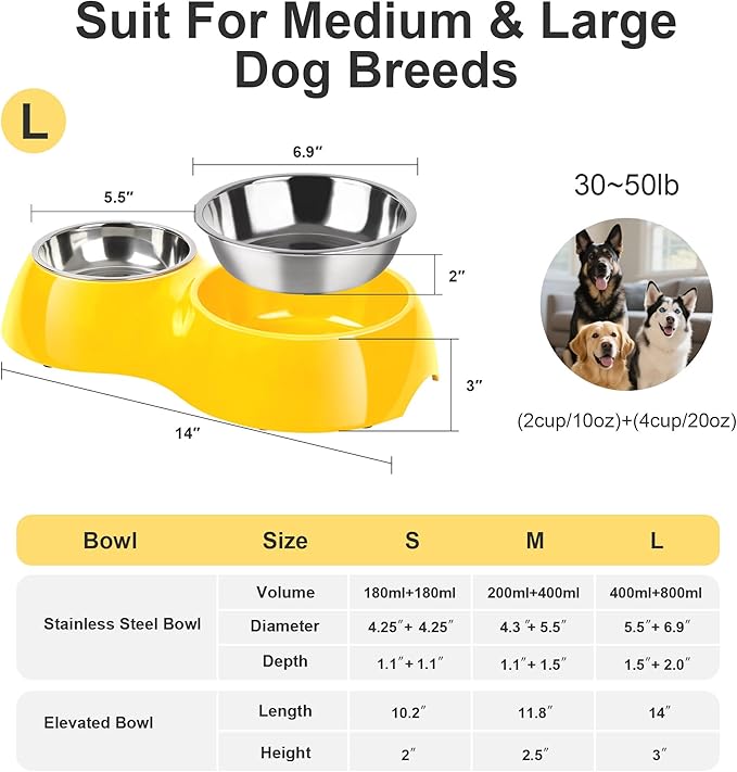 Elevated Dog Bowls Set - Non-Slip Raised Pet Feeder with Medium (2 Cups) &amp; Large (4 Cups) Stainless Steel Bowls - Includes Durable Resin Stand for Puppies, Adult Dogs &amp; Cats - Yellow