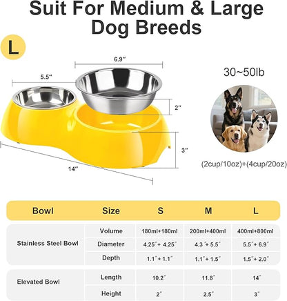 Elevated Dog Bowls Set - Non-Slip Raised Pet Feeder with Medium (2 Cups) &amp; Large (4 Cups) Stainless Steel Bowls - Includes Durable Resin Stand for Puppies, Adult Dogs &amp; Cats - Yellow