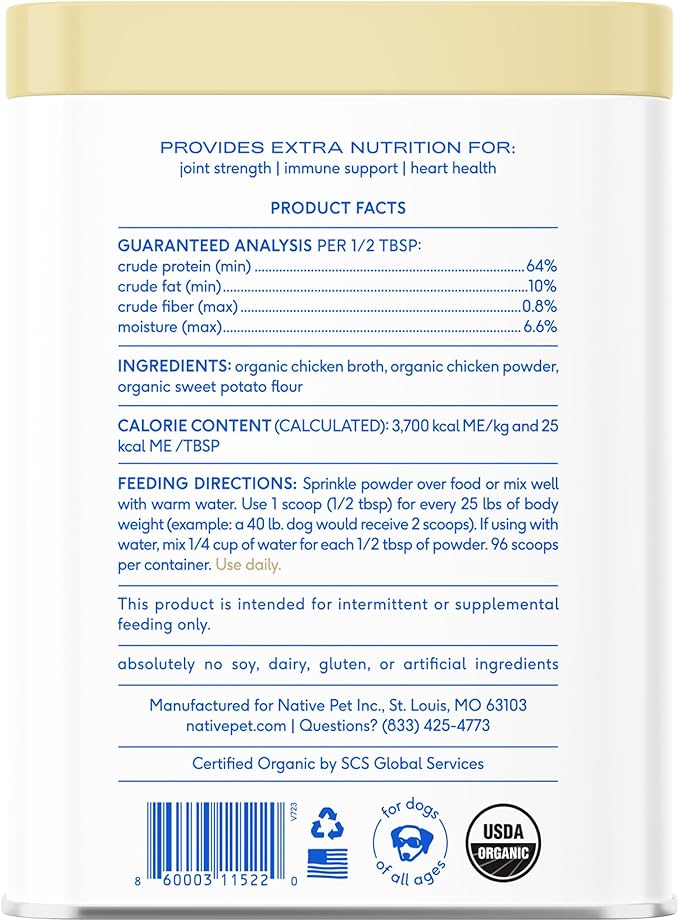 Native Pet Bone Broth for Dogs and Cats - Chicken Bone Broth Powder Dog Food Toppers for Picky Eaters - Provides Extra Nutrition for Joint Strength, Immune Support &amp; Heart Health - 96 Scoops