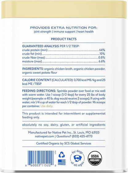 Native Pet Bone Broth for Dogs and Cats - Chicken Bone Broth Powder Dog Food Toppers for Picky Eaters - Provides Extra Nutrition for Joint Strength, Immune Support &amp; Heart Health - 96 Scoops