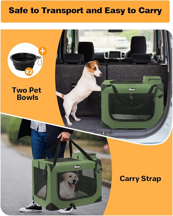 Extra Large Dog Crate with 2 Foldable Bowl, 36 Inch Collapsible Travel Dog Crate Kennel with Soft Blanket for Medium Dogs,Indoor &amp; Outdoor (36" L x 25" W x 25" H, Green)