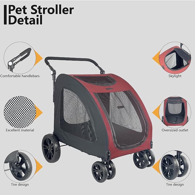 Extra Large Dog Stroller for Medium &amp; Large Pets - Foldable Design, Adjustable Handle, Up to 130 lbs(Red)