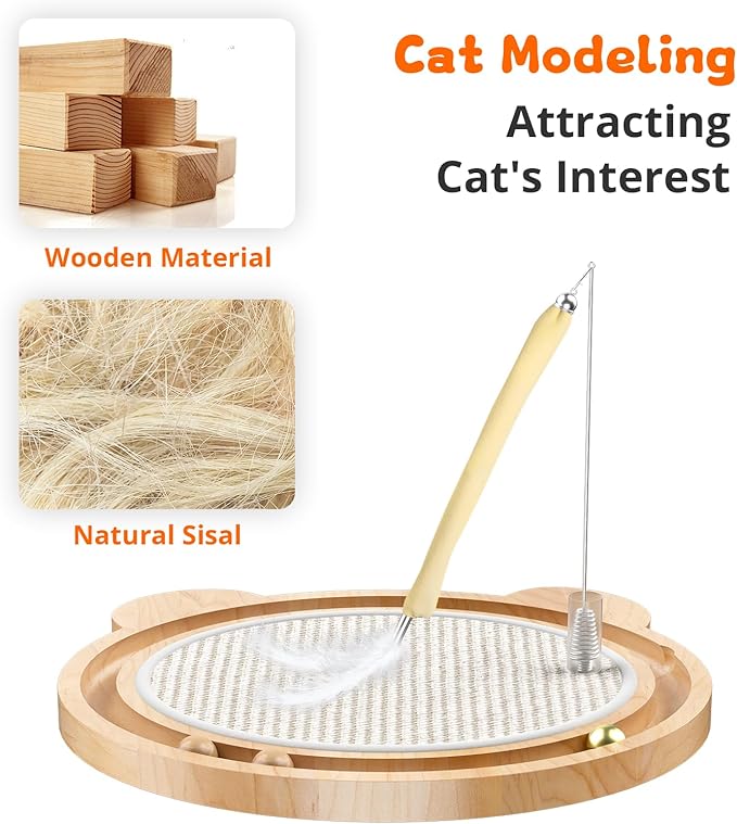 3-in-1 Cat Toys, Scratcher, Toys for Indoor Cats, Natural Sisal Scratching Board, Kitten Interactive with Ball Track &amp; Retractable Wand Toy &amp; Feather