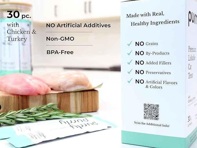 Purrly Interactive Lickable Cat Treats Low Calorie Human-Grade Chicken Breast &amp; Turkey with L-Lysine &amp; Astaxanthin for Immunity (30 Count) Non-Seafood Hydrating BPA-Free for All Ages