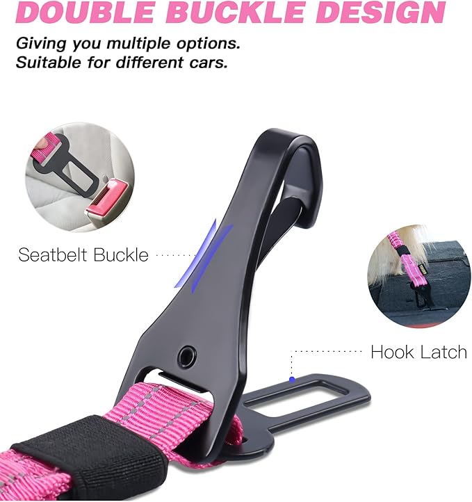 AUBELL Dog Seat Belt for Car,Updated 3-in-1 Adjustable Reflective Bungee Heavy Duty Dog Car Harness Tether with Clip Hook Latch &amp; Buckle,Swivel Zinc Alloy Carabiner,Hotpink