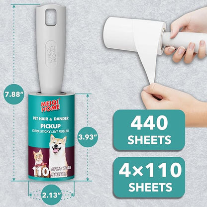 MEIQIHOME Lint Rollers for Pet Hair Extra Sticky, 440 Sheets Value Set Lint Roller with 2 Upgraded Handles, 4 Rollers Portable Pet Lint Remover for Clothes, Furniture, Carpet, Dog &amp; Cat Hair Removal