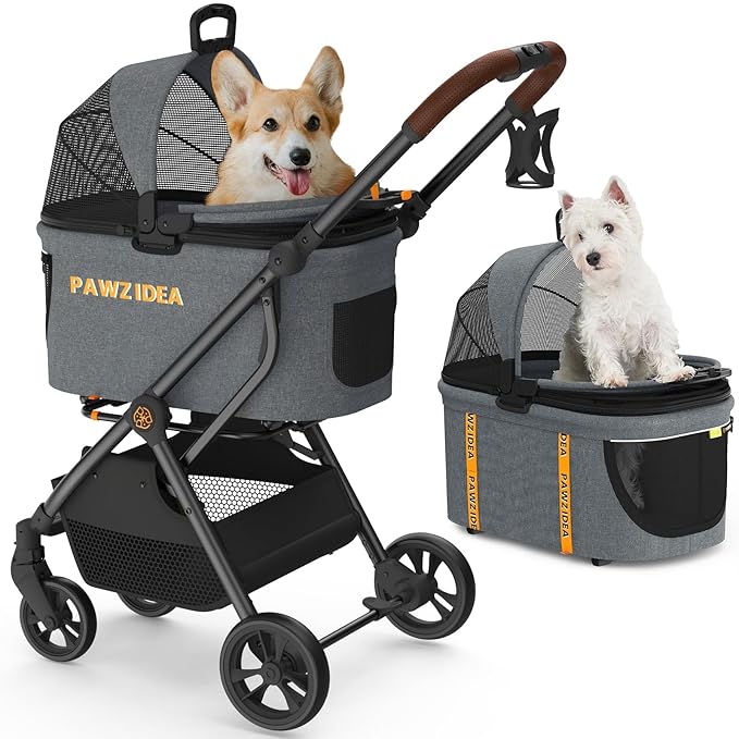 PAWZIDEA Pet Stroller 4 in 1, Dog Strollers for Small/Medium Dogs with Detachable Carrier Easy Lock Canopy, Seatbelt Puppy Car Seat, Cozy House, Foldable &amp; Lightweight Jogger Cat Stroller, 4 Wheels