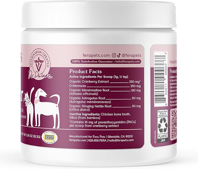 Fera Pets Bladder Support - Cranberry for Dogs &amp; Cats - D-Mannose &amp; Marshmallow Root - Urinary Tract Support - Supports Normal Urine pH - Boosts Immunity - 60 Scoops