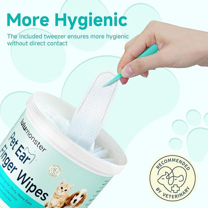 Ear Cleaner Finger Wipes for Dog &amp; Cat [Finger Casing Design][Pet Ear Wipes with Tweezers] for Controlling Ear Infections and Ear Odor Reduce ear wax buildup Natural Ingredients Dog Ear Wipes