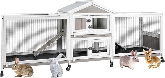 2-Tier Rabbit Hutch with Wheels, Indoor &amp; Outdoor Small Animal Cage with Deep Pull-Out Tray, Anti-Chew Frame, Habitat for Bunny, Guinea Pig, Chinchilla (93" L x 19" W x 35" H)