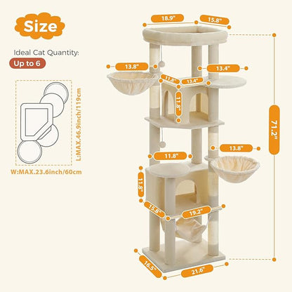 71.2" Tall Cat Tree for Indoor Cats - 9-Level Multi-Cat Tower w/5 Sisal Scratching Posts, 2 Condos, 3 Hammocks, Perch &amp; Pom Poms - Heavy-Duty for Adult Cats, Space-Saving Plush Beige