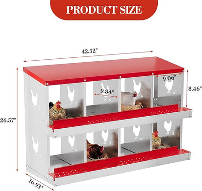 8 Hole Chicken Nesting Box with Roll Out Egg Tray, Rustproof &amp; Ventilated Chicken Laying Boxes for Hens, Chickens, Ducks | Easy-Clean Poultry Coop Accessories