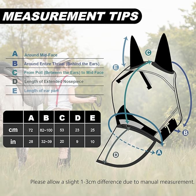 Luminous Horse Fly Mask with Long Nose, Ears, Full Face &amp; Eye Protection - Full Mesh, Detachable Nose Cover, Fleece Padded Edging, Hook-and-Loop Straps with Webbing, Hanging Straps Black