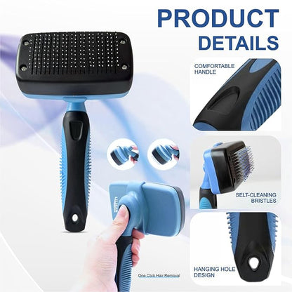 Pet Self Cleaning Slicker Brush and Grooming Comb - Gently Removes Loose Hair, Tangles, and Dirt - Skin Friendly Deshedding Grooming Tool for Hair Dogs &amp; Cats - Pet Supplies Accessories (Blue)