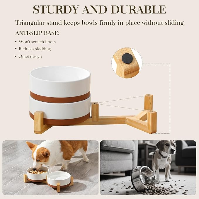 MALACASA Ceramic Dog Bowls, Dog Bowls for Medium Sized Dogs with Wood Stand - Pet Food &amp; Water Bowl Set for Cat Medium Dogs, Weighted Glaze Matte.34 OZ (M-3.5 Cups)