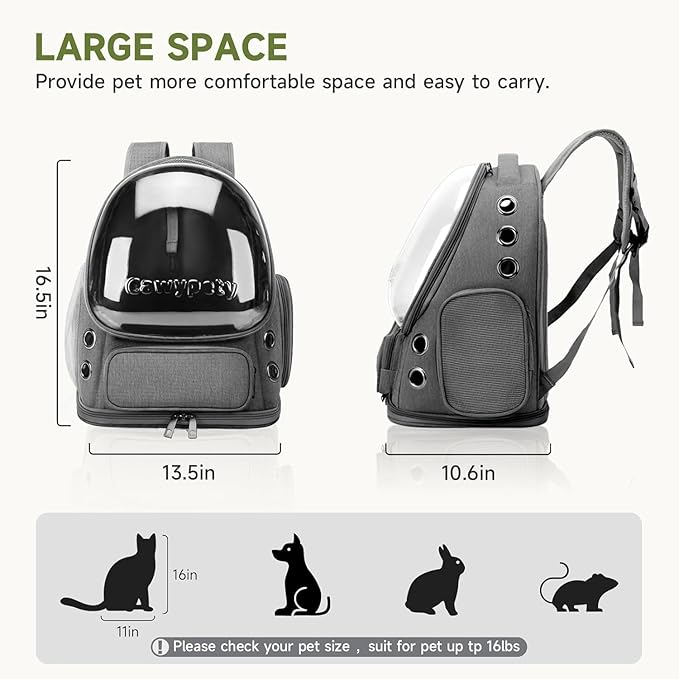 Cat Backpack Carrier, Breathable Cat Carrier Large Space Bubble Pet Backpack for Kitty Small Dog up to 12lbs, Transparent &amp; Foldable Pet Carrier for Travel Hiking