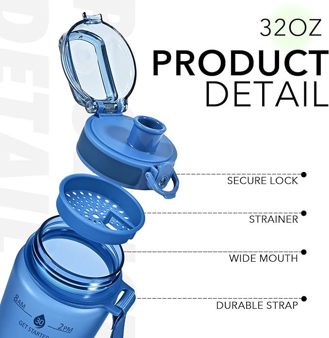 32oz Motivational Water Bottles with Time Marker &amp; Fruit Strainer, Transparent Gradient Color Water Bottle with Times to Drink, Leakproof &amp; BPA Free, Reusable Bottle with Strap (No Straw)