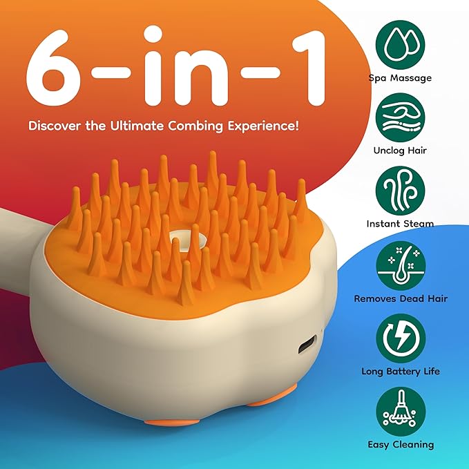 Steam Cat Brush, 6-in-1 Dog Brush Spritz Defur Comb with Pet Waterless Shampoo, Steamy Skin Friendly Deshedding Grooming Tool, Suitable for Shedding &amp; Haired Pets, Pet Supplies Accessories, Yellow