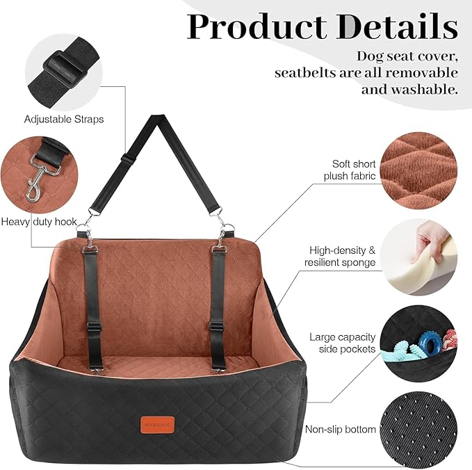 Dog Car Seat for Medium &amp; Large Dogs Up to 55lbs, Memory Foam Cushion, Washable Cover, Safety Straps &amp; Non-Slip Bottom(Black/Brown,Large)