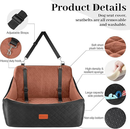 Dog Car Seat for Medium &amp; Large Dogs Up to 55lbs, Memory Foam Cushion, Washable Cover, Safety Straps &amp; Non-Slip Bottom(Black/Brown,Large)