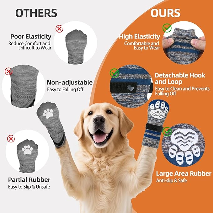 PUPTECK Non-Slip Dog Socks to Prevent Licking Paws, Double Sides Dog Boots &amp; Paw Protectors Booties on Hardwood Floors Hot Pavement with Grippers, for Small Medium Large Senior Dogs, Navy Blue L