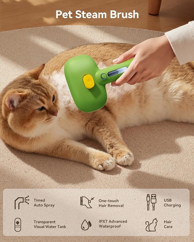 ROJECO 3-in-1 Pet Steam Brush for Cats&amp;Dogs - Detangling Comb with Adjustable Mist, Handheld Deshedding Grooming Tool for Long/Short Hair, Massage Brush &amp; Shedding Control Gift,Cordless (Green)