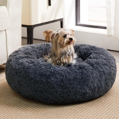 WNPETHOME Calming Dog &amp; Cat Bed, Anti-Anxiety Donut Bed, Fluffy Faux Fur Cushion for Small Dogs and Cats (24 x 24 x 8 Inch, Navy Grey)