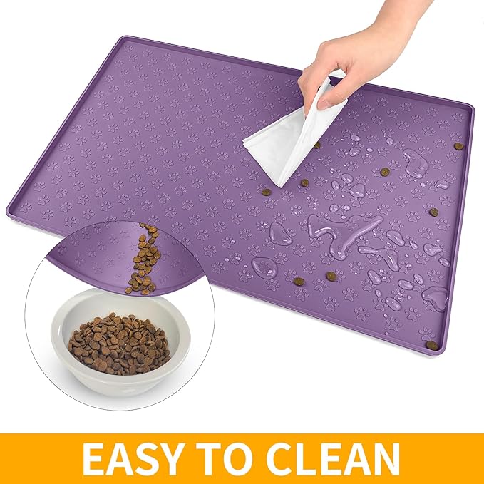 Ptlom Silicone Dog Food Mat Waterproof Pet Feeding Mat with High-Lips, Anti-Slip Dog Bowl Mat for Food &amp; Water, Non-Spill Puppy Feeding Tray for Small, Medium &amp; Large Dogs and Cats, Purple