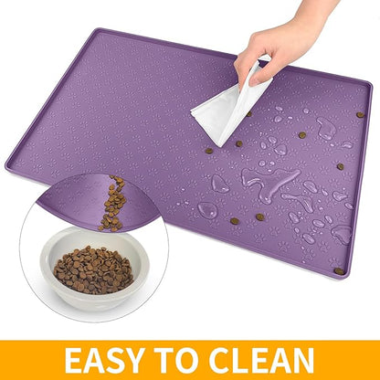 Ptlom Silicone Dog Food Mat Waterproof Pet Feeding Mat with High-Lips, Anti-Slip Dog Bowl Mat for Food &amp; Water, Non-Spill Puppy Feeding Tray for Small, Medium &amp; Large Dogs and Cats, Purple