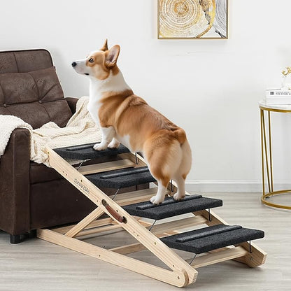 2025 Upgraded Dog Steps for Bed &amp; Couch - 2-in-1 Dog Stairs/Ramp for Small to Large Breeds - 45.3" Long Adjustable 14"-26" Up to 200LBS - Folding Portable Wooden Pet Stairs for high Bed Couch Car